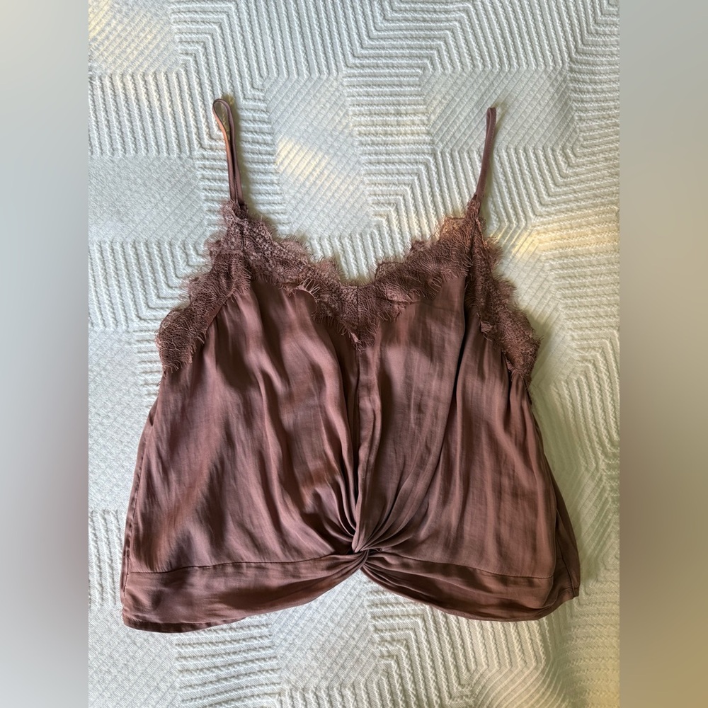 Lace Trimmed Taupe/Mauve Top by Mustard Seed